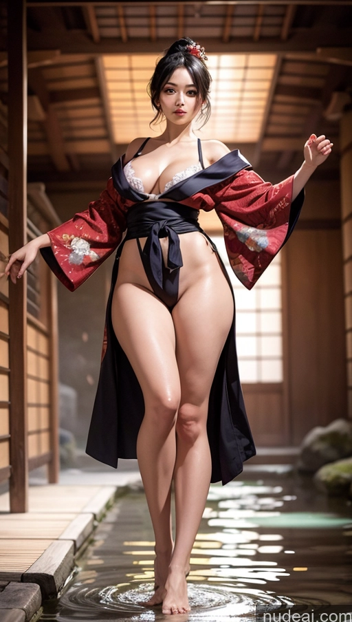 ai nude image of araffe woman in a kimono standing in a pool of water pics of One Thick Big Hips Long Legs Pubic Hair Seductive Black Hair Straight Japanese Front View T-pose Kimono Cleavage Big Ass 30s Beautiful Detailed Milf Onsen