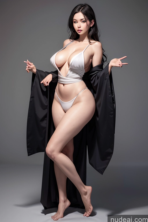 ai nude image of araffed woman in a white lingersuit and black robe posing for a picture pics of One Thick Big Hips Long Legs Seductive Black Hair Straight Japanese Front View T-pose Kimono Cleavage Big Ass Milf Onsen Fairer Skin Dark Fantasy Chubby Tall 40s Simple