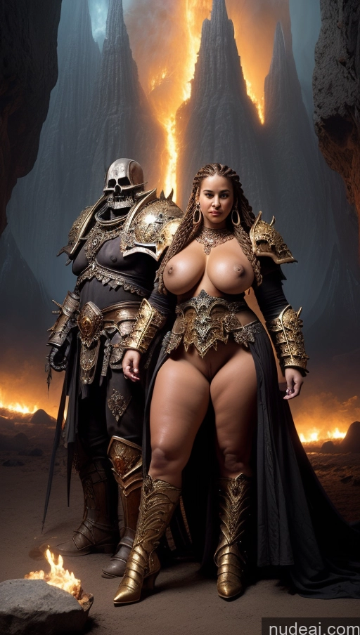 ai nude image of arafed woman in armor and a man in a cave pics of Big Ass Big Hips Detailed Bright Lighting Gold Jewelry Death Knight Complete Nude Khorne Surrealist German Ginger 18 Sexy Face Long Legs Tall Several Woman + Man Nude Huge Boobs Braided Hell