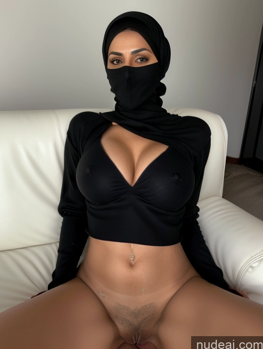 ai nude image of arafed woman in a black top and a black scarf pics of Milf Perfect Boobs Beautiful Perfect Body Pubic Hair 40s Arabic Spreading Legs Nude Bra Niqab Sweater Cleavage Partially Nude Detailed Cum On Belly Couch