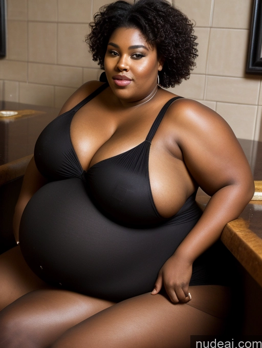 ai nude image of araffe woman in a black swimsuit sitting on a counter pics of Busty Huge Boobs Big Ass Chubby Big Hips Short Pubic Hair 18 Black Hair Pixie African Bar Dress High Heels Pantyhose Sexy Face Obese Pregnant