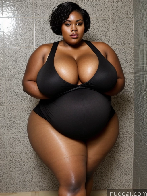 ai nude image of araffe woman in a black swimsuit posing in a shower pics of Busty Huge Boobs Big Ass Chubby Big Hips Short Pubic Hair 18 Black Hair Pixie African Dress High Heels Pantyhose Sexy Face Obese Pregnant Shower