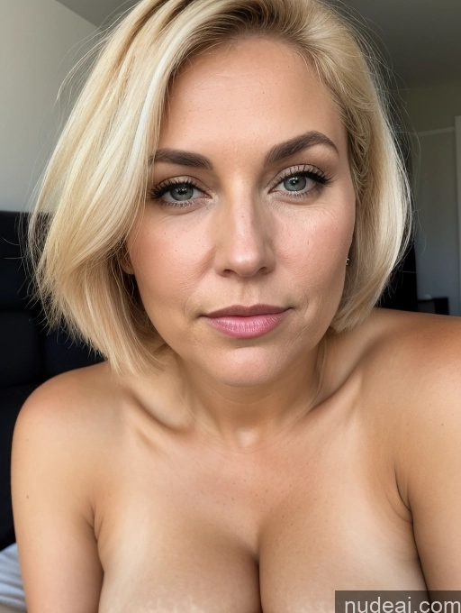 ai nude image of blond woman with big tits posing for a picture in a bedroom pics of Milf One Thick Chubby Serious Short Hair White Front View Nude Bright Lighting 30s Simple Cumshot Blonde