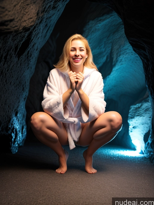 ai nude image of blonde woman in white robe kneeling in a cave with a blue light pics of Woman One Beautiful Long Legs Perfect Body Fairer Skin 18 Happy Laughing Blonde Slicked Czech 3d Cave Front View Squatting Bright Lighting Detailed Bathrobe