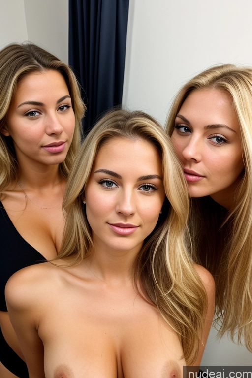 ai nude image of three women posing for a picture in a bathroom with a mirror pics of Woman One Perfect Boobs Small Tits Beautiful Skinny Thick Perfect Body 18 Seductive Sexy Face Orgasm Blonde Long Hair Swedish Front View Office