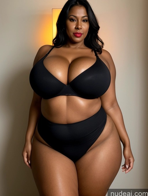 ai nude image of araffe woman in a black bikini posing for a picture pics of Milf One Huge Boobs Lipstick Big Ass Thick Big Hips Tall Dark Skin 50s Black Hair Indian Dark Fantasy Bedroom Front View T-pose Thong Cleavage Dark Lighting Detailed Sexy Face Busty