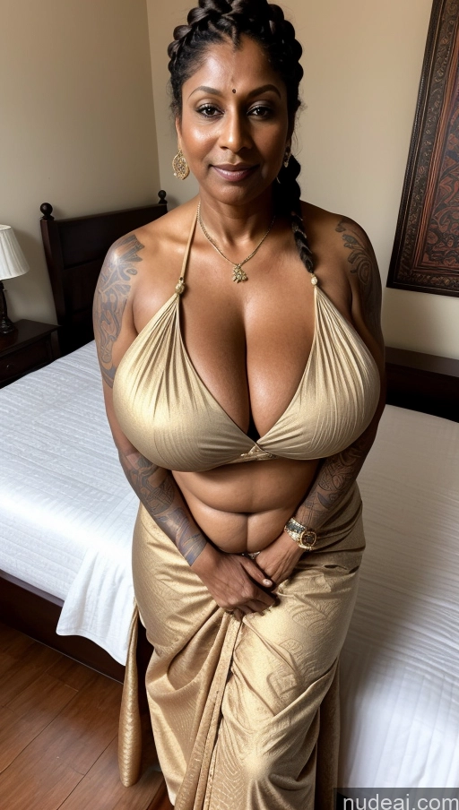 ai nude image of arafed woman in a gold dress posing for a picture pics of Milf Busty Beautiful Tattoos Muscular Big Ass Big Hips Tall Dark Skin Sexy Face Indian Front View Huge Boobs Thick T-pose Seductive Braided Chubby Blouse Sari Bedroom Ginger 60s