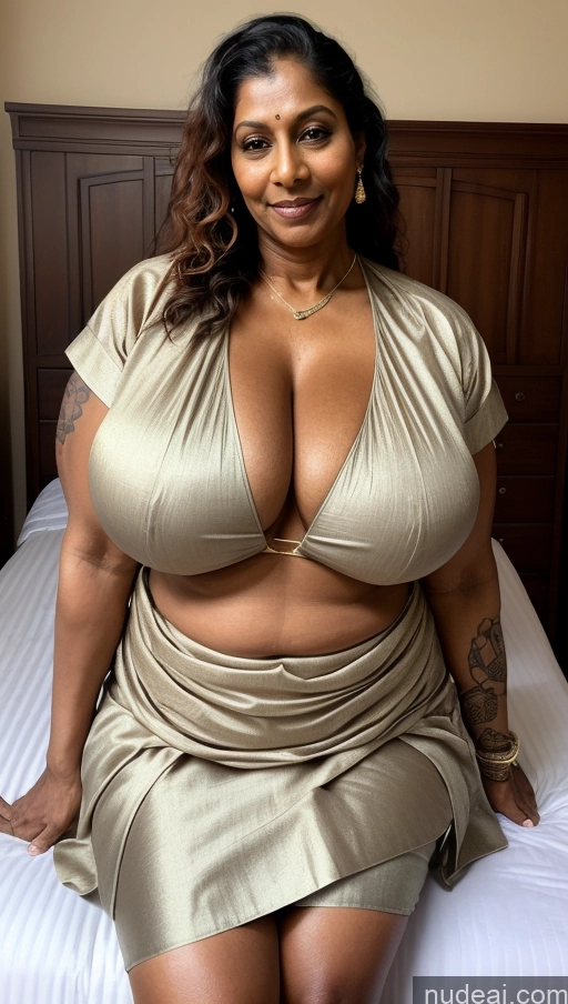 ai nude image of arafed woman in a tan dress sitting on a bed pics of Milf Busty Beautiful Tattoos Muscular Big Ass Big Hips Tall Dark Skin Sexy Face Indian Front View Huge Boobs Thick T-pose Seductive Braided Blouse Sari Bedroom Ginger 60s Abs