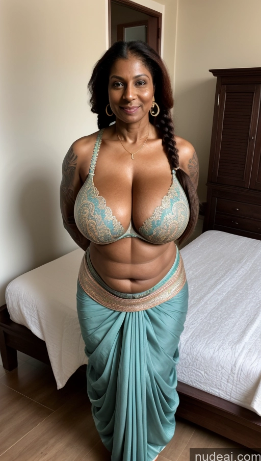 ai nude image of a close up of a woman in a sari posing for a picture pics of Milf Busty Beautiful Tattoos Muscular Big Ass Big Hips Tall Dark Skin Sexy Face Indian Front View Huge Boobs Thick T-pose Seductive Braided Bedroom Ginger 60s Abs Bra Sari