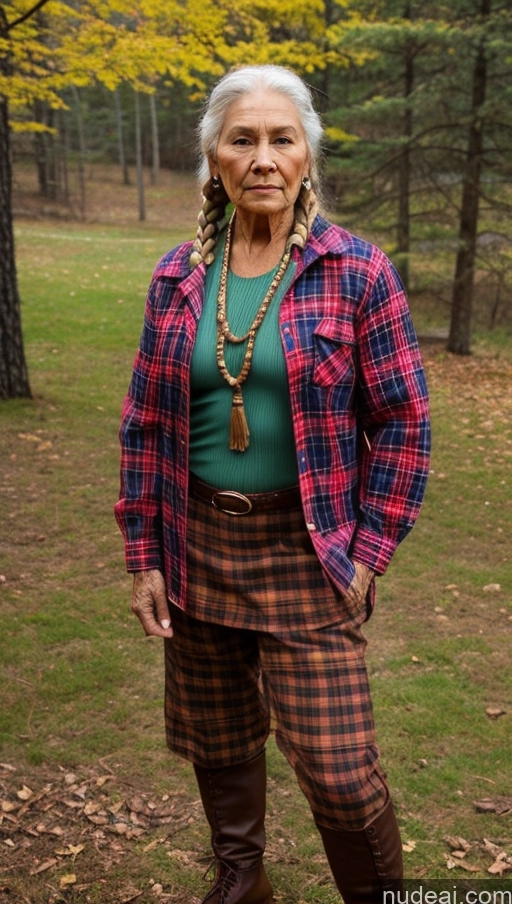 ai nude image of arafed woman in plaid shirt and pants standing in a field pics of 60s Dark Fantasy Muscular Braided 80s Bodybuilder Lumberjack Native American