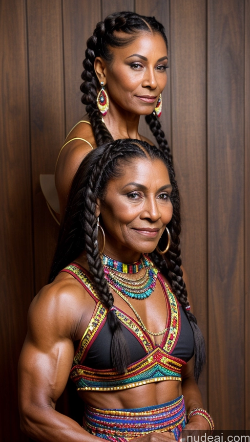 ai nude image of two women in colorful clothing posing for a picture in front of a wooden wall pics of 60s Dark Fantasy Muscular Braided Bodybuilder Native American Dark Skin Traditional 70s