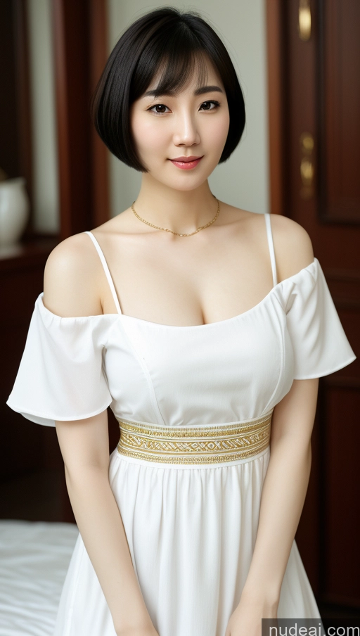 ai nude image of araffe woman in white dress posing for a picture in a hotel room pics of Woman One Beautiful Fairer Skin Black Hair Close-up View Korean Perfect Boobs Short Hair Simple Detailed Dress Traditional 30s