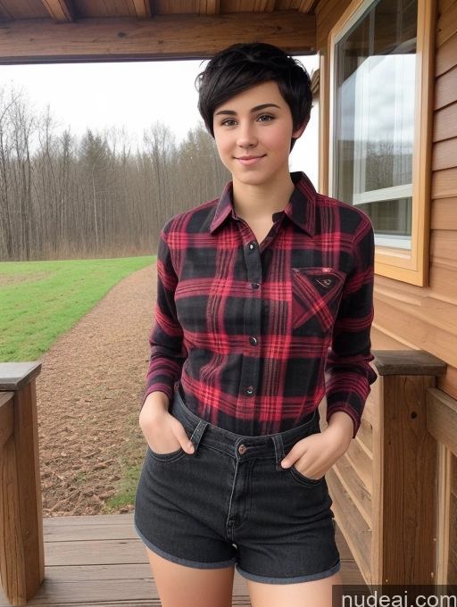 ai nude image of arafed woman in plaid shirt and denim shorts standing on porch pics of Athlete Small Tits Small Ass 18 Pixie Black Hair White Lumberjack