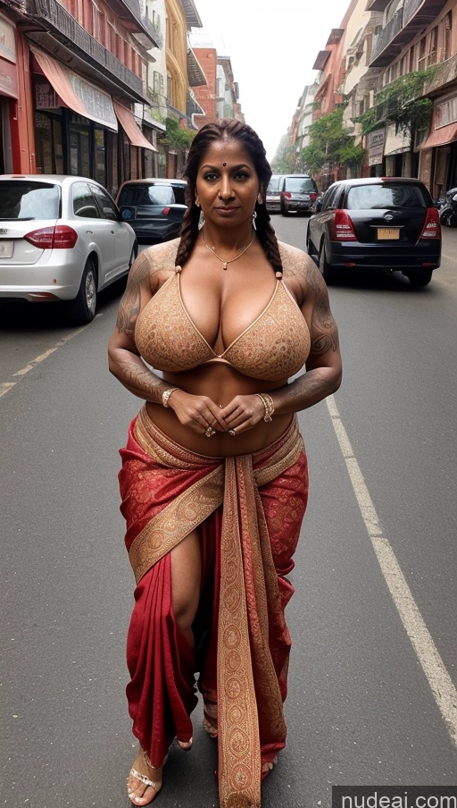 ai nude image of araffe woman in sari walking down the street with a large breast pics of Milf Busty Huge Boobs Beautiful Tattoos Muscular Big Ass Abs Thick Big Hips Tall Dark Skin 50s Seductive Ginger Braided Indian Front View T-pose Sari Sexy Face Street