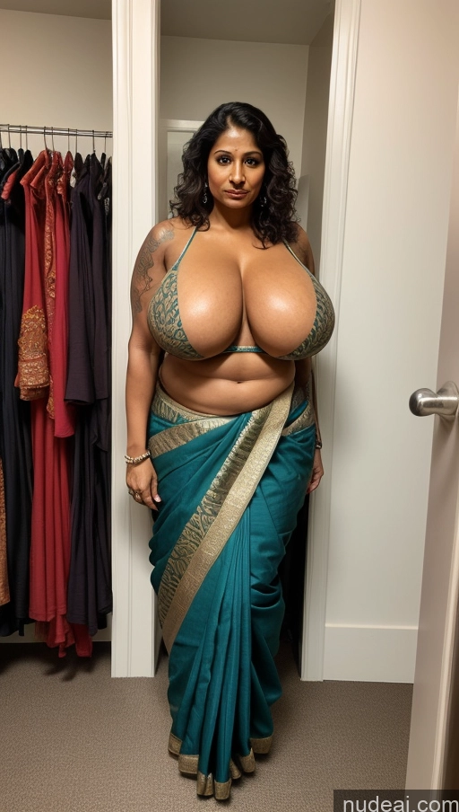 ai nude image of araffe woman in a sari posing in a closet pics of Busty Beautiful Big Ass Big Hips Tall Dark Skin Milf Huge Boobs Sexy Face Indian 50s Seductive Thick T-pose Ginger Tattoos Muscular Changing Room Front View Abs Sari