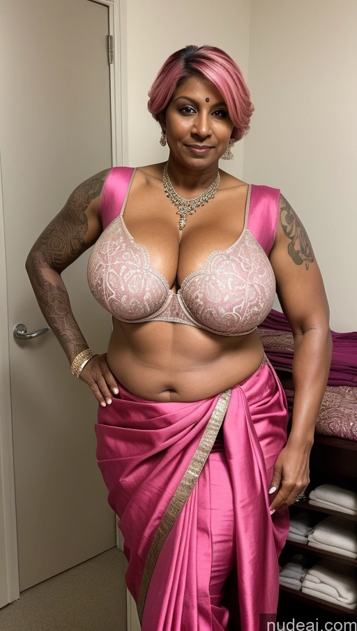 ai nude image of araffe woman in a pink sari posing for a picture pics of Milf Huge Boobs Beautiful Tattoos Muscular Big Ass Thick Fat Tall Dark Skin 50s Seductive Indian Changing Room Close-up View T-pose Sari Sexy Face Pink Hair