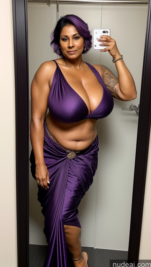 ai nude image of araffe woman in a purple dress taking a selfie in a mirror pics of Milf Huge Boobs Beautiful Tattoos Muscular Big Ass Thick Fat Tall Dark Skin 50s Seductive Indian Changing Room Close-up View T-pose Sari Sexy Face Purple Hair