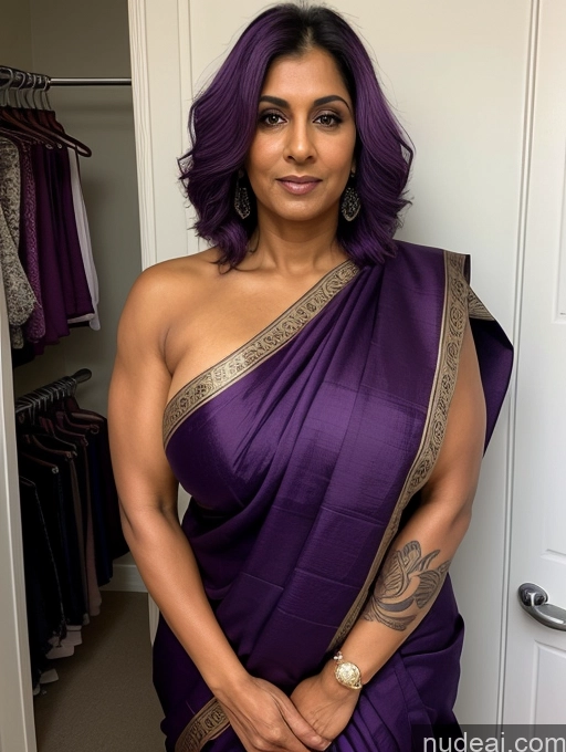 ai nude image of a close up of a woman in a purple sari posing for a picture pics of Milf Huge Boobs Beautiful Tattoos Muscular Big Ass Thick Fat Tall Dark Skin 50s Seductive Purple Hair Indian Changing Room Close-up View T-pose Sari Sexy Face