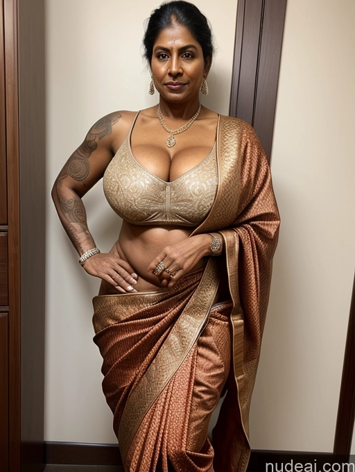 ai nude image of araffe woman in a sari posing for a picture pics of Milf Huge Boobs Beautiful Tattoos Muscular Big Ass Thick Fat Tall Dark Skin 50s Seductive Indian Changing Room Close-up View T-pose Sari Sexy Face Ginger