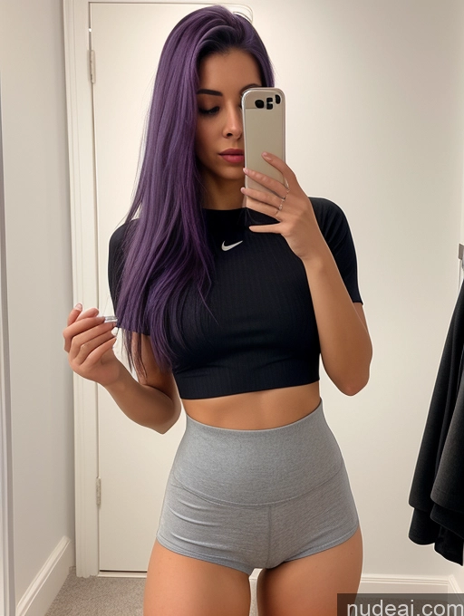 ai nude image of arafed woman with purple hair taking a selfie in a mirror pics of Woman One Small Tits Glasses Small Ass Skinny Short 18 Shocked Purple Hair Long Hair Swedish Mirror Selfie Changing Room Front View Yoga Thigh Socks Crop Top Short Shorts