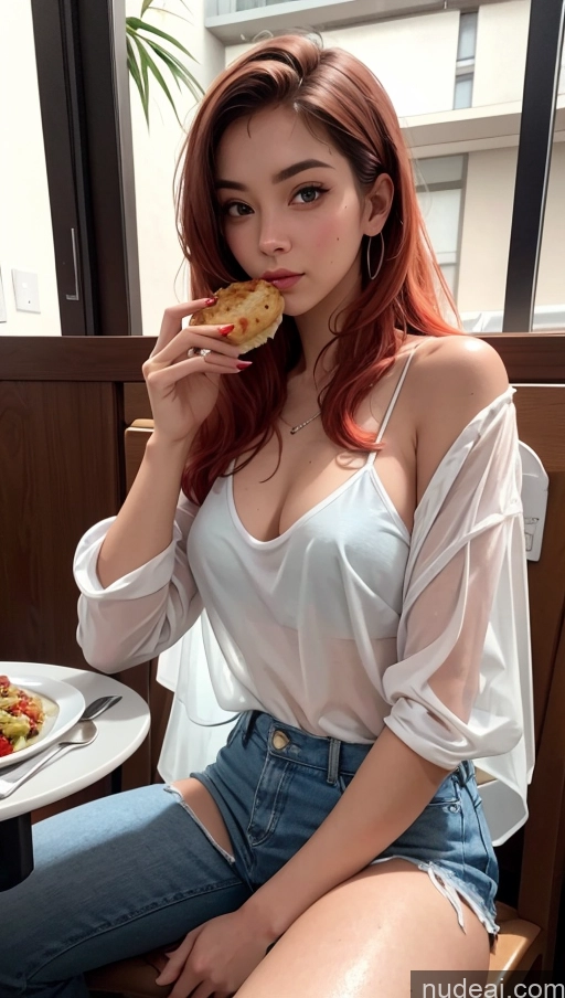 related ai porn images free for Beautiful 20s Serious Ginger Long Hair Brazilian One Transparent Front View Eating Restaurant Casual