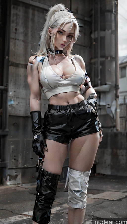 Woman Perfect Body Tall Muscular Perfect Boobs 20s White Hair Long Hair Japanese Cleavage Urban Samurai V2 Stockings Short Shorts Choker Crop Top Close-up View Gloves Prison