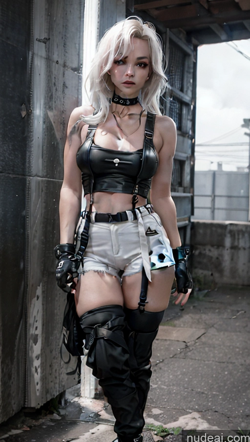 Perfect Body Tall Muscular Perfect Boobs 20s White Hair Japanese Cleavage Urban Samurai V2 Stockings Short Shorts Choker Crop Top Gloves Prison Detailed Front View Cyberpunk Straight Sorority One