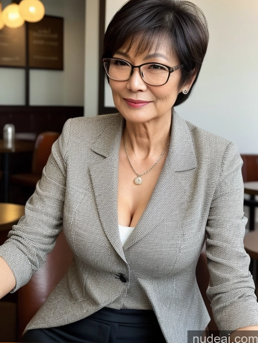 related ai porn images free for Milf Perfect Boobs Perfect Body Beautiful Glasses 70s Sexy Face Short Hair Chinese Cafe Blouse Bra Casual Suit Jacket Cleavage Detailed Professor