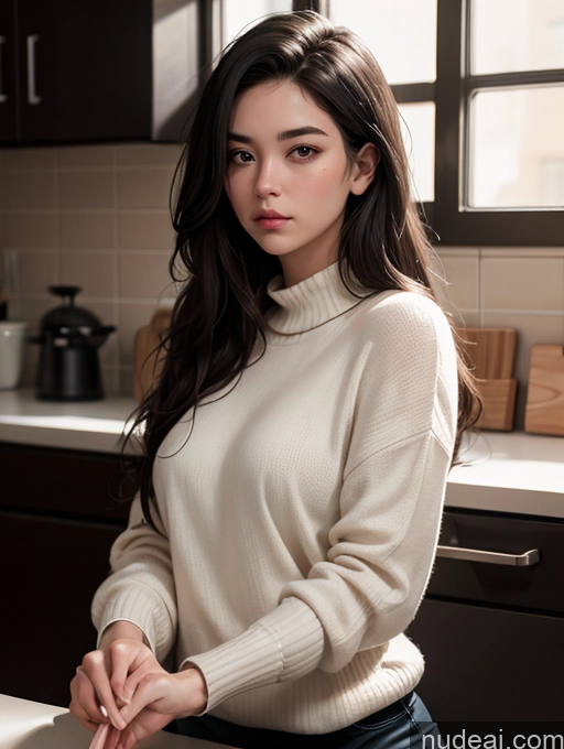 related ai porn images free for Woman One 18 Serious Black Hair Long Hair White Sweater Blouse Close-up View Kitchen Dark Lighting