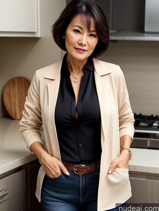 related ai porn images free for Milf Perfect Boobs Beautiful Perfect Body Short Hair 70s Chinese Kitchen Blouse Bra Casual Jacket Professor Stylish Cleavage Dark Lighting Detailed