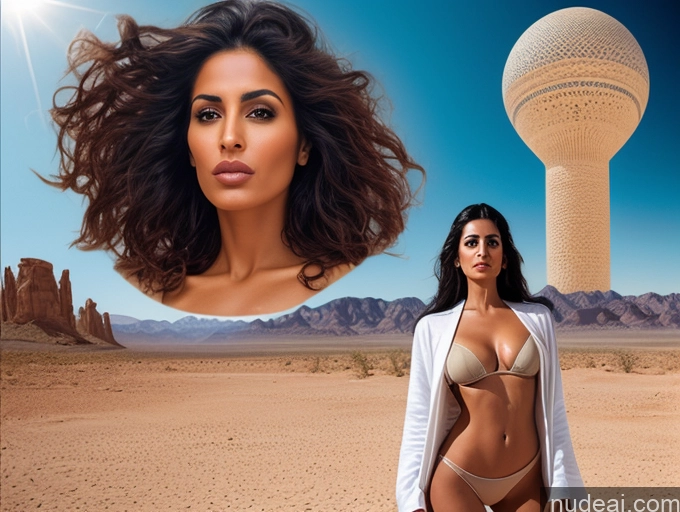 related ai porn images free for Tanned Skin 30s Front View Surrealist Arabic Captain Planet Sexy Face Serious Black Hair Long Hair Desert Bathrobe Bra Pantyhose Woman