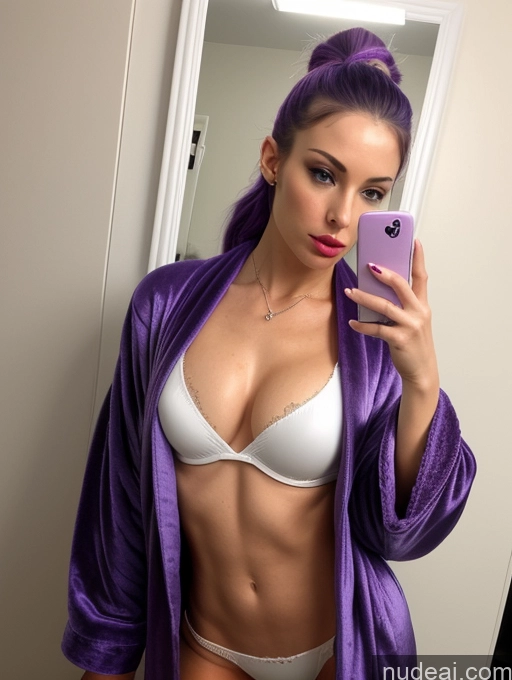 related ai porn images free for Woman One Skinny Short 20s Seductive Pouting Lips Mirror Selfie Bathroom Front View Detailed Sexy Face Small Tits Abs Purple Hair Ponytail British Bathrobe Bra Thong Fairer Skin Jewelry