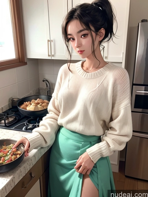 related ai porn images free for Beautiful Perfect Body 18 Small Tits Model Ponytail Sweater Long Skirt Korean Cooking