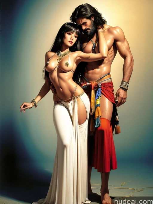 Tanned Skin Sad Seductive Bangs Native American Long Skirt Thong Tribal Jewelry Alternative GZCfinal Art By Boris Vallejo Boris Vallejo Art Style Samdoesart Fr4z3tt4 Dynamic View Two Woman + Man