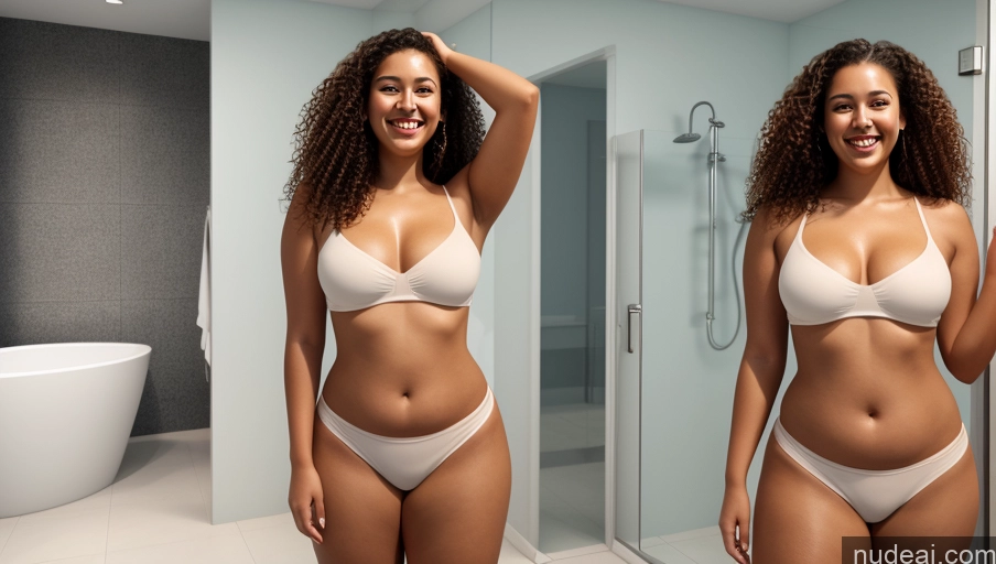 related ai porn images free for Woman Two Tanned Skin Tall Chubby Fat 18 Happy Brunette Curly Hair Latina 3d Bathroom Front View Crop Top Partially Nude