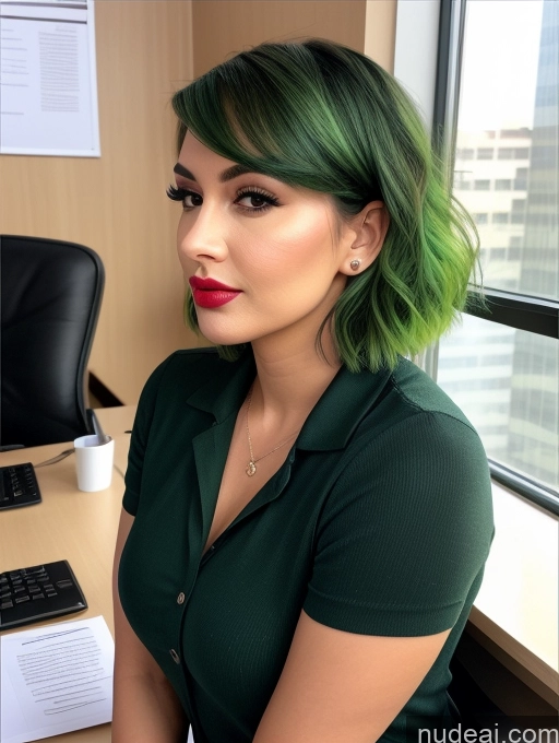 related ai porn images free for Soft + Warm Office Close-up View Casual Bright Lighting Detailed Seductive Pouting Lips Bobcut 30s Green Hair