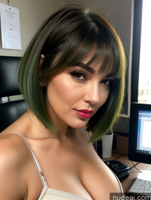 related ai porn images free for Soft + Warm Office Close-up View Casual Bright Lighting Detailed Seductive Pouting Lips Bobcut Green Hair 40s