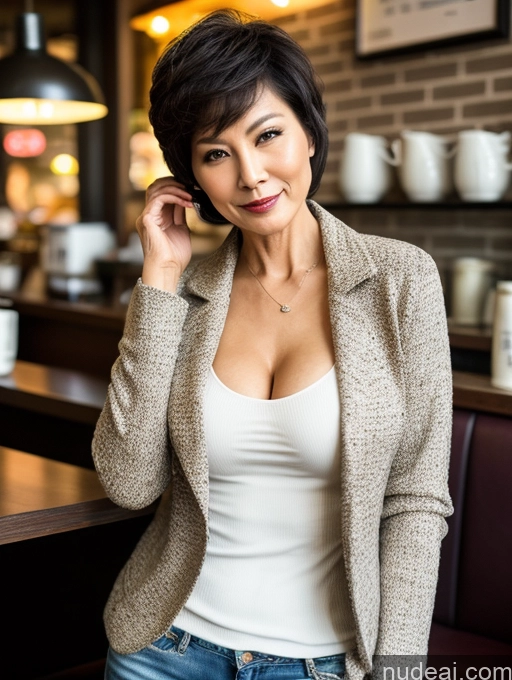 related ai porn images free for Milf Perfect Boobs Perfect Body Beautiful Sexy Face Short Hair Cafe Jacket Jeans Casual Stylish Secretary Professor Shirt Sweater Cleavage Detailed Chinese 70s Dark Lighting