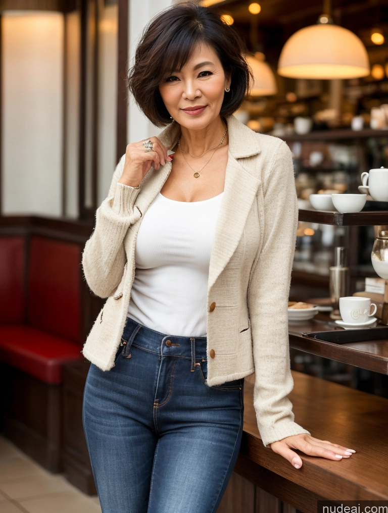 related ai porn images free for Milf Perfect Boobs Perfect Body Beautiful Sexy Face Short Hair Cafe Jacket Jeans Casual Stylish Secretary Professor Shirt Sweater Cleavage Detailed Chinese 70s Dark Lighting