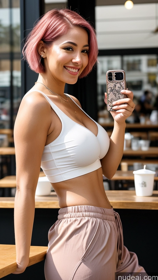 related ai porn images free for Woman Two Perfect Boobs 20s Big Ass Happy Seductive Pink Hair Short Hair Brazilian Mirror Selfie Cafe Front View Crop Top Traditional Harem Pants