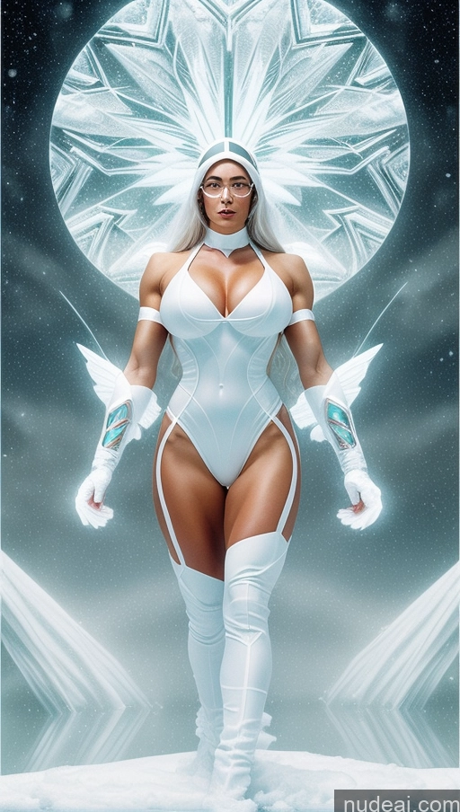 related ai porn images free for Bodybuilder Muscular Abs Surrealist Powering Up Huge Boobs Glasses White Hair Snow Dynamic View Santa Futuristic