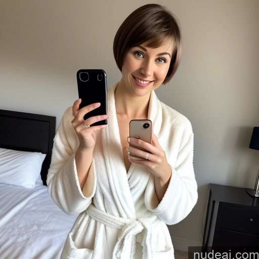 related ai porn images free for Woman One Busty Beautiful Fairer Skin 20s Happy Brunette Short Hair White Dark Lighting Detailed Mirror Selfie Bathrobe Bedroom