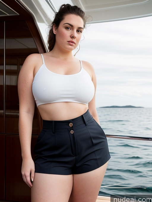 related ai porn images free for Woman Chubby Thick Short Fairer Skin Serious Brunette White Yacht Front View Bending Over High-waist Denim Shorts Detailed Slicked 18