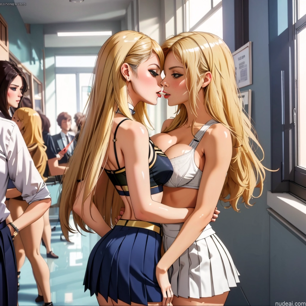 School Hallway School Uniform, Cleavage Cutout, Clothing Cutout, Pleated Skirt, Thighhighs Girl, Woman White Kisses Detailed 18 Small Tits Skinny Small Ass Two Blonde