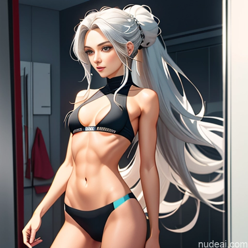 Woman Skinny Fairer Skin Long Hair 18 Nude Topless Stockings Partially Nude Transparent One Changing Room Hair Bun White Hair Sports Bra Asian Tall Small Tits Perfect Body Soft + Warm