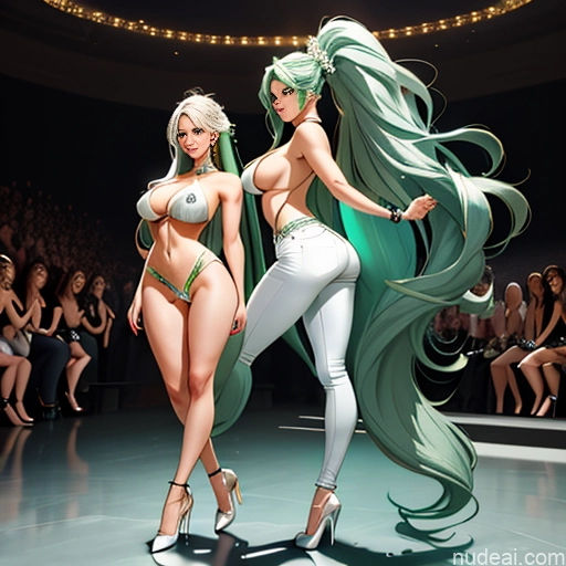 Woman Milf Two Huge Boobs Big Ass Big Hips Long Legs Long Hair 20s 30s Orgasm Green Hair Bangs Spanish White Soft Anime Spreading Legs Front View Nude Topless Bright Lighting