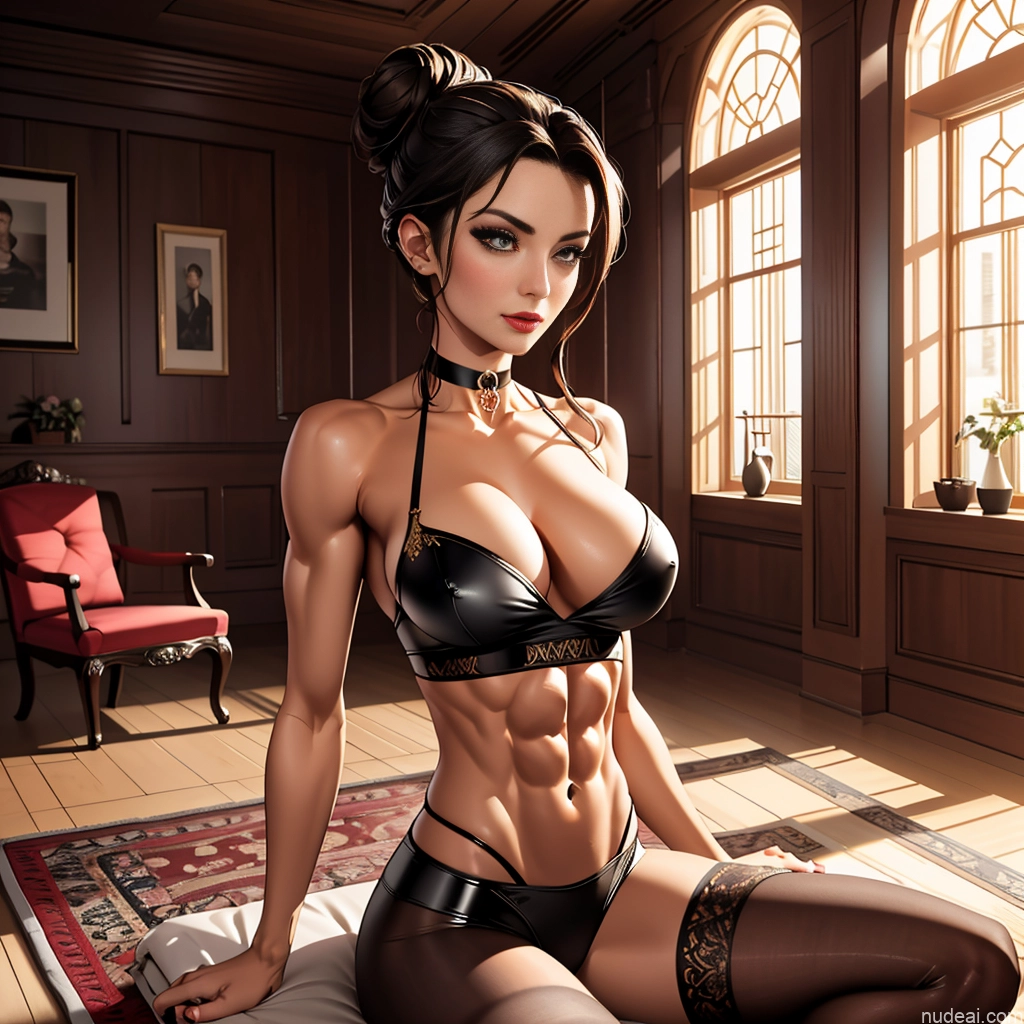 Woman One Huge Boobs Perfect Boobs Beautiful Abs Perfect Body Hair Bun Victorian Parlor Nude Choker Dark Fantasy Victorian 20s Stockings