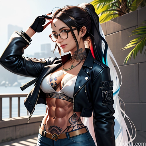 ai nude image of pics of Soft Anime Short Long Hair Brunette 20s Steampunk Shirt Jeans Jacket Gloves Gold Jewelry Glasses Tattoos Abs Front View Bar Happy