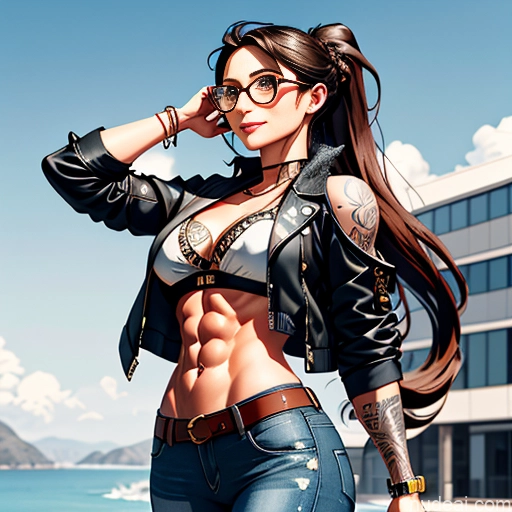 related ai porn images free for Soft Anime Short Long Hair Brunette 20s Medieval Steampunk Shirt Jeans Jacket Gloves Gold Jewelry Glasses Tattoos Abs Bar Happy Front View