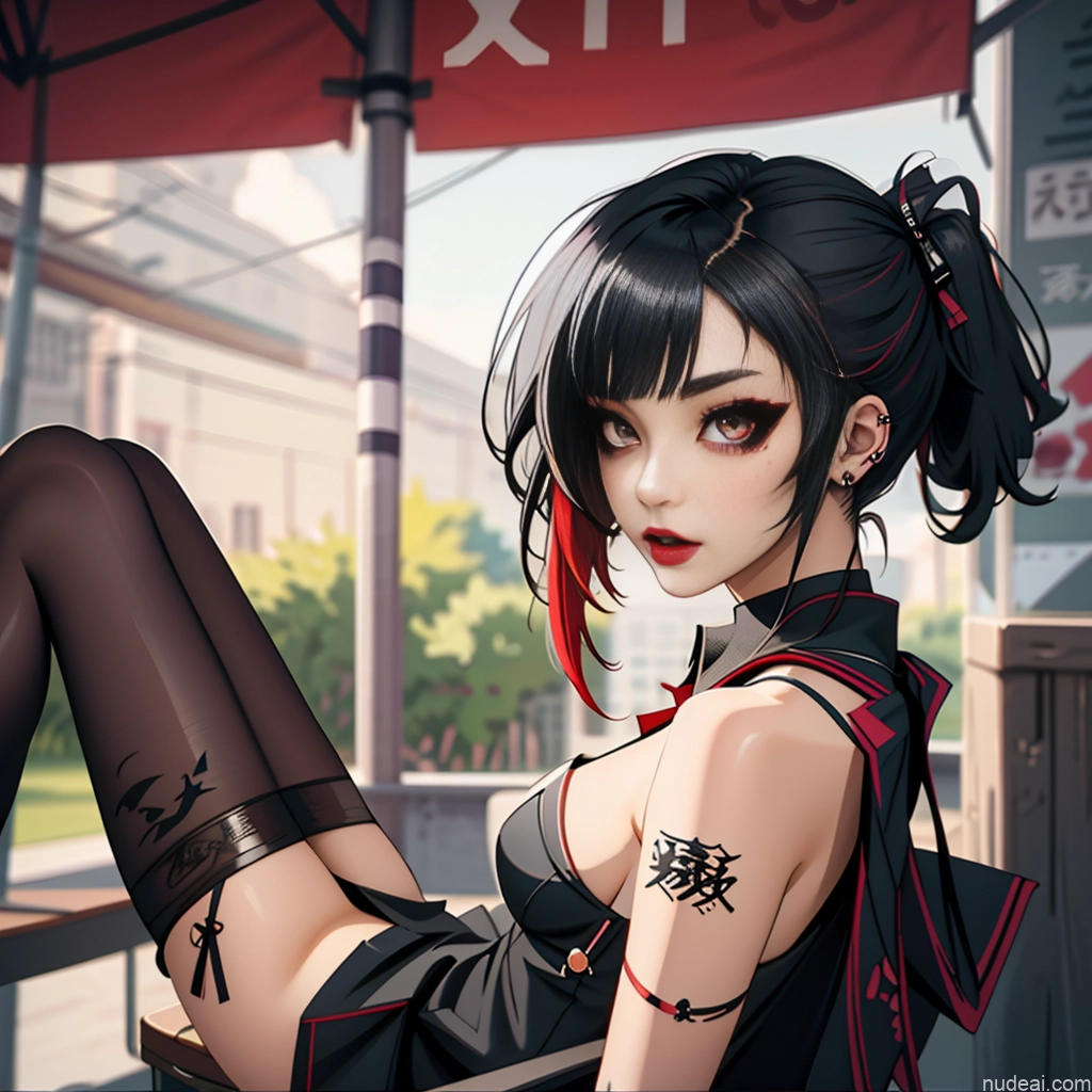 Asian School Uniform, Cleavage Cutout, Clothing Cutout, Pleated Skirt, Thighhighs Perfect Boobs Beautiful Lipstick Small Ass Gothic Punk Girl